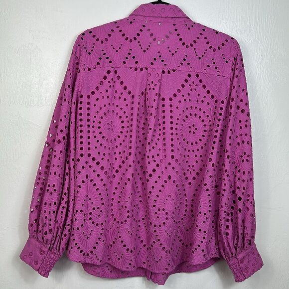 Chicos Cotton Fuschia Eyelet Billow-Sleeve Button Front Blouse Top Size 12 - Picture 5 of 9